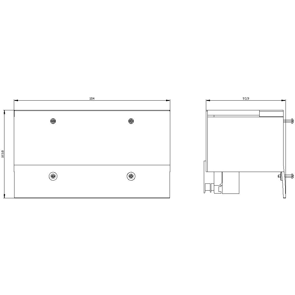 Technical drawing of a rectangular box with dimensions of 104x93.7 mm. Shows front and side view with mounting points.