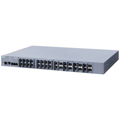 Network switch with a metal enclosure and multiple ports for connecting network cables. Suitable for industrial applications.