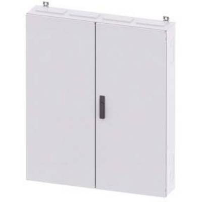 A simple, enclosed white metal cabinet with two doors and a black handle; it is wall-mounted.
