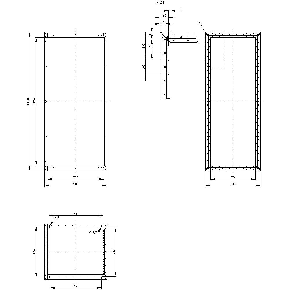 Technical drawing of a rectangular metal enclosure with dimensions. Three views: front, side, and top, with detailed measurements.