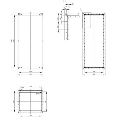 Technical drawing of a rectangular metal enclosure with dimensions. Three views: front, side, and top, with detailed measurements.
