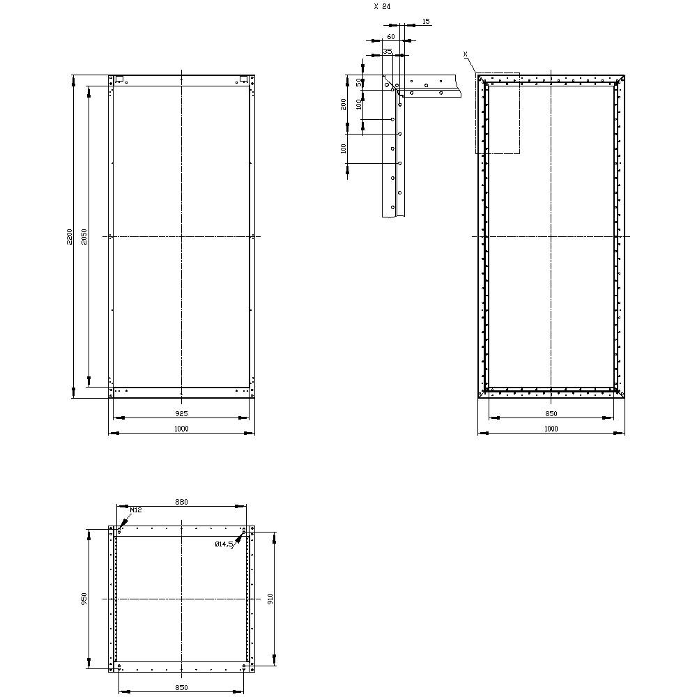 Technical drawing of a rectangular frame with detailed dimensions, showing front, side, and top views.