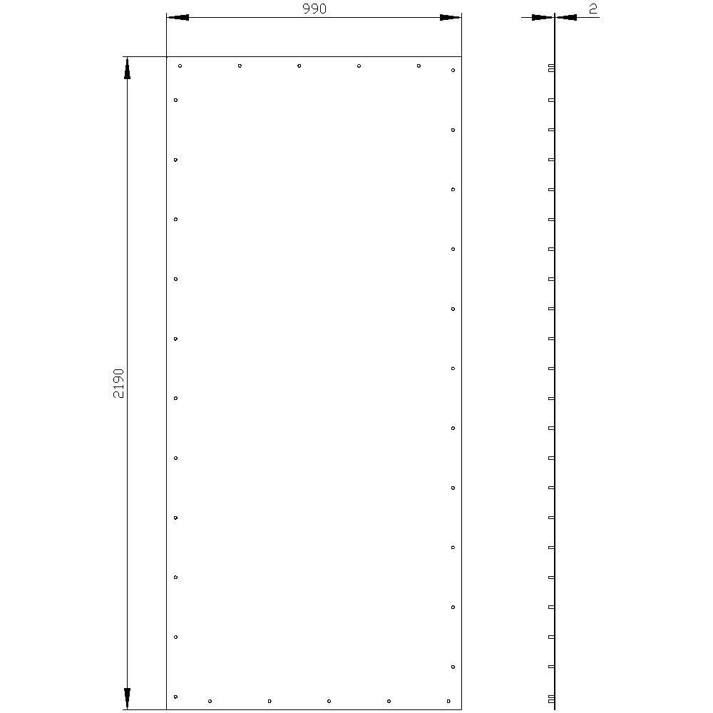 Technical drawing of a rectangular sheet metal with dimensions 990 mm x 2190 mm. Hole spacings are evenly distributed on both sides.