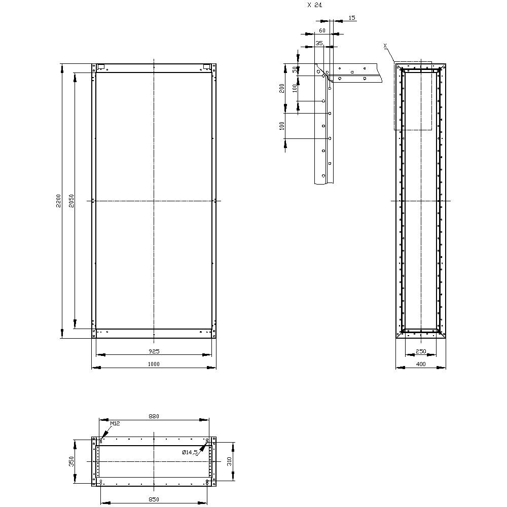 Detailed technical drawing of a rectangular box with dimensions and side views. Shows construction and mounting points.