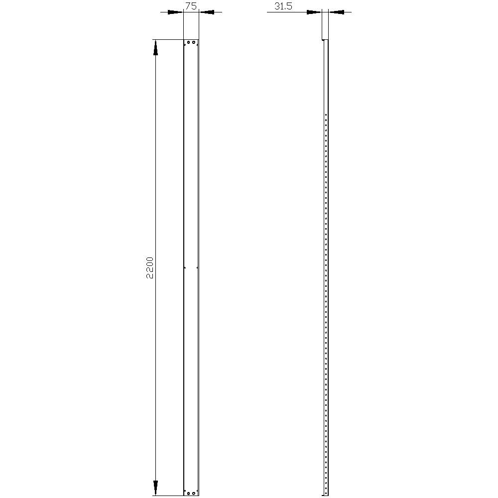 Technical drawing of a long metal profile with dimensions: 2200 mm height, 75 mm width, and 31.5 mm depth.