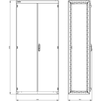 Technical drawing of a cabinet with front and side view. Dimensions: height 2100 mm, width 1000 mm, depth 965.3 mm.
