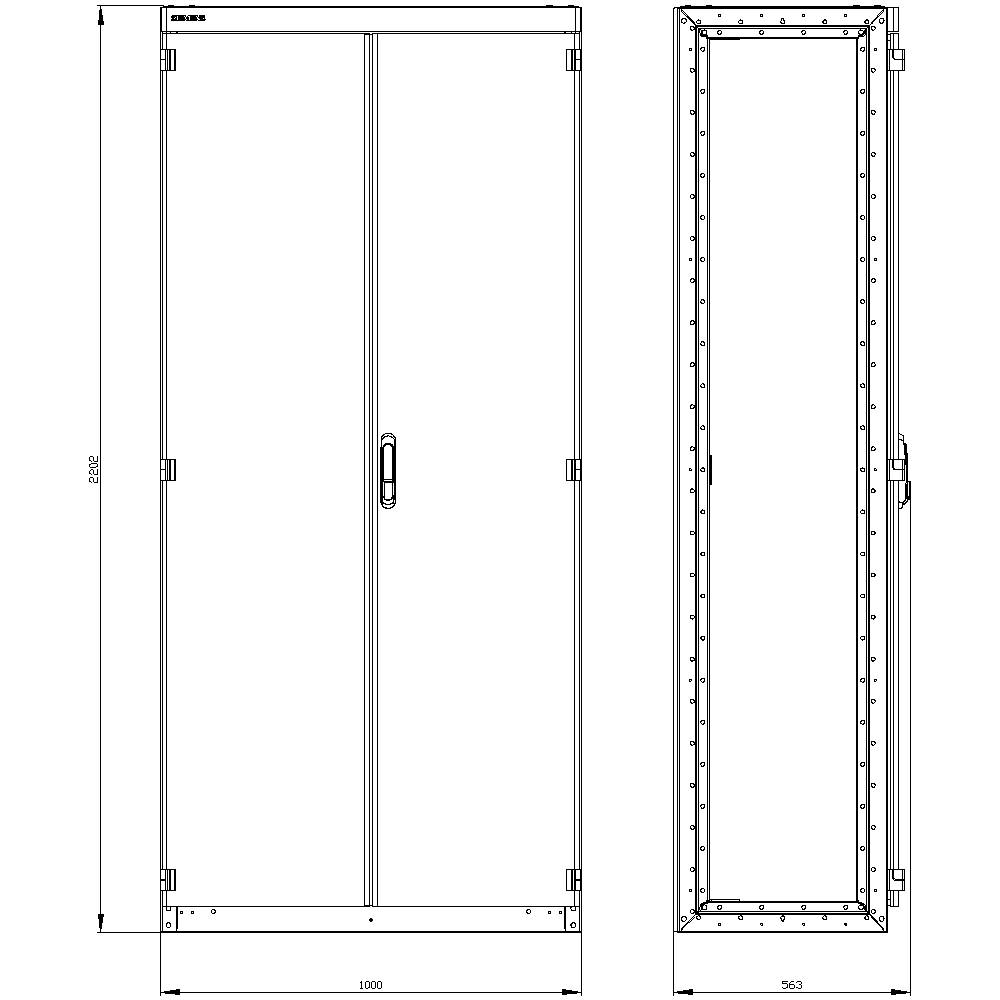'Technical drawing of a two-winged switchboard with front and side views, including dimensions: height 2002 mm, width 1000 mm, and depth 963 mm.'