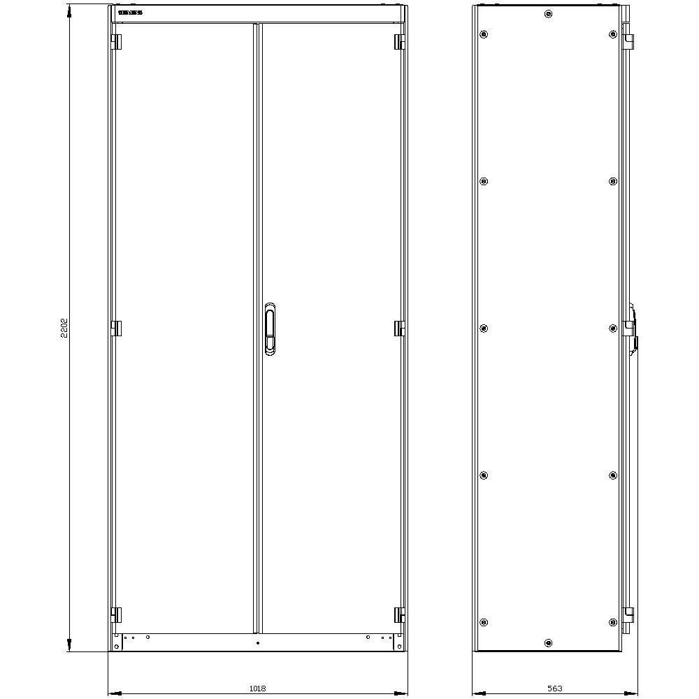Drawing of a rectangular cabinet with dimensions of 1958 mm in height and 963 mm in width. Front and side view.