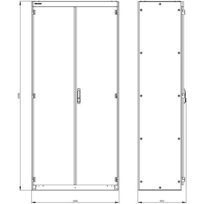 Drawing of a rectangular cabinet with dimensions of 1958 mm in height and 963 mm in width. Front and side view.