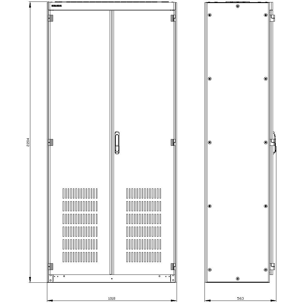 'Technical Drawing of a Metal Cabinet: Front View with Double Doors, Side View. Dimensions: 1962 mm Height, 1058 mm Width, 563 mm Depth.'