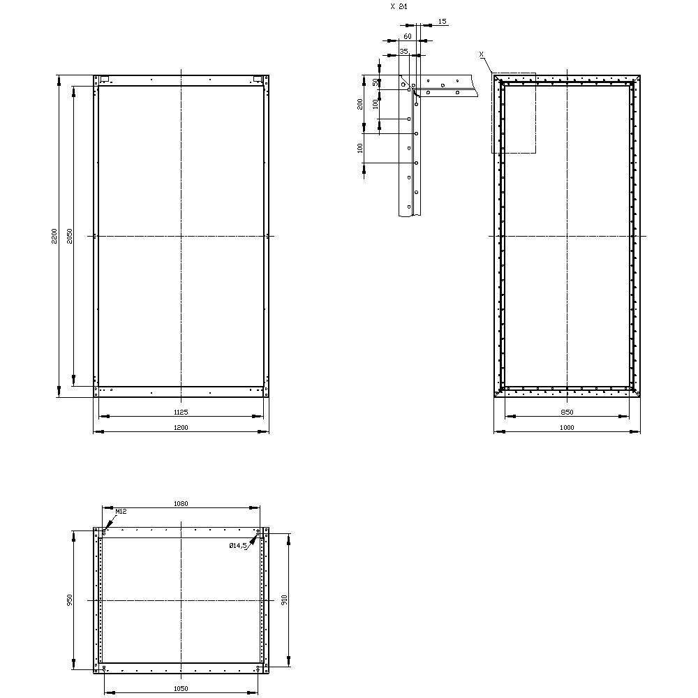 Technical drawing with three views of a rectangular frame. Dimensions specified: 1250x1000mm. Side and top views show detailed measurements.