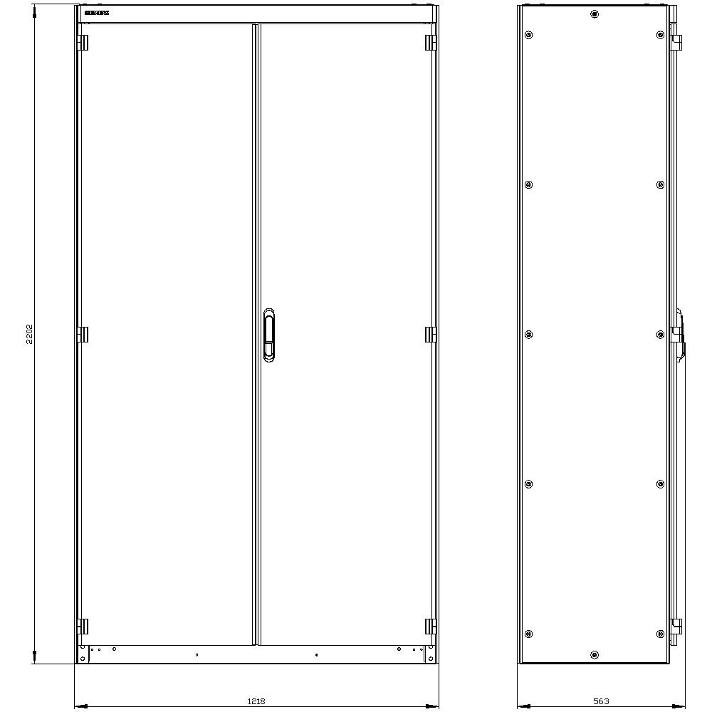 Drawing of a control cabinet in front and side view with dimensions. Main dimensions: width 1235 mm, depth 505 mm, height 2200 mm.