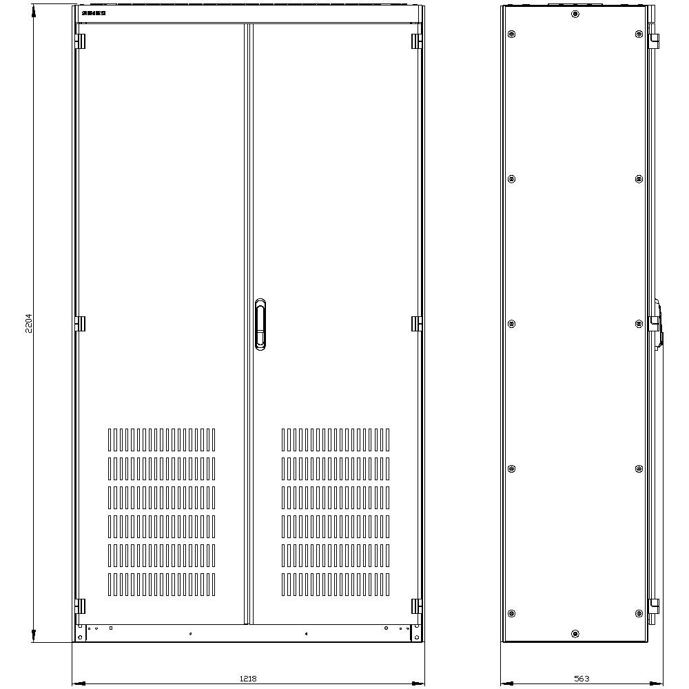 Technical drawing of a metal cabinet with dimensions: Height 2203 mm, Width 1125 mm, Depth 963 mm. Front and side view.