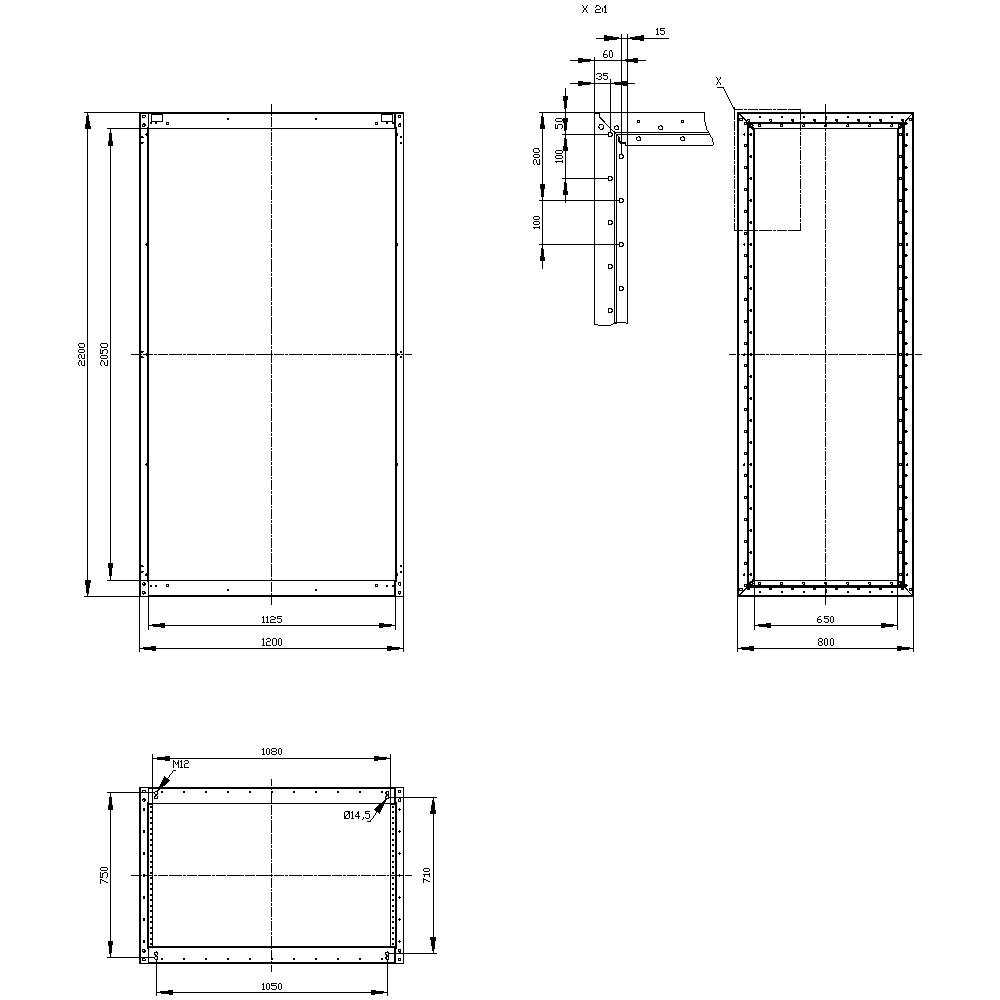 Technical drawing of a rectangular metal frame with precise dimensions and front, top, and side views. Measurements indicated in millimetres.