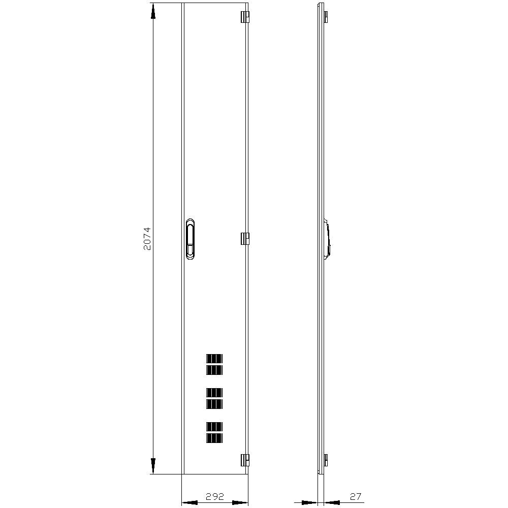 Metal door plan in side and front view, with 2074 mm height and 292 mm width. Shows handle position and ventilation slots.