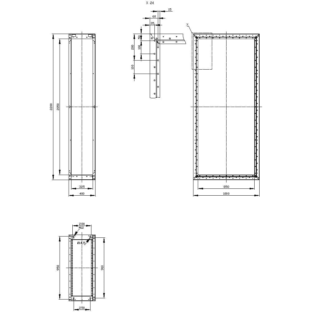 Technical drawing of a rectangular building plan with dimensions in millimetres. Shows front view, side view and top view.