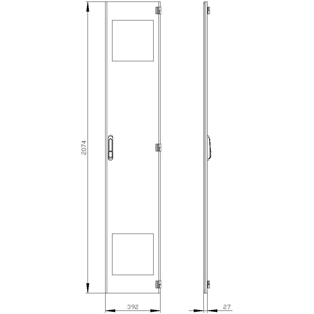 Technical drawing of a cabinet component with dimensions: Height 2074 mm, Width 392 mm, Depth 27 mm. Includes door handles and two square recesses.
