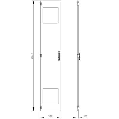 Sliding Wardrobe Door Plan with Two Views: Front View Shows Height 2074 mm and Width 392 mm; Side View Shows Depth 27 mm.