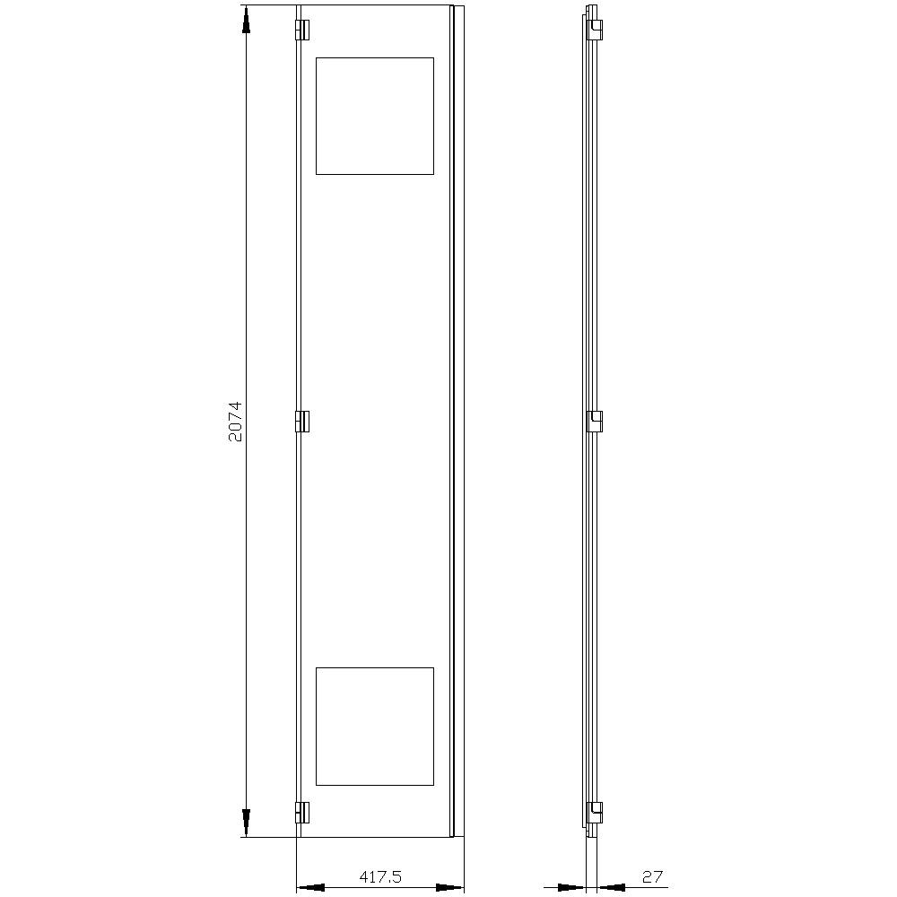 Technical drawing of a narrow cabinet with dimensions: Height 2074 mm, Width 417.5 mm, Depth 27 mm. Two square sections.