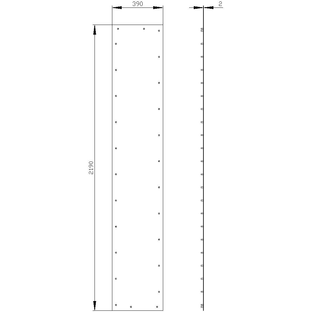 'Technical drawing of a rectangular metal sheet, 2190 mm long and 390 mm wide. Marked with drill holes and dimensions.'