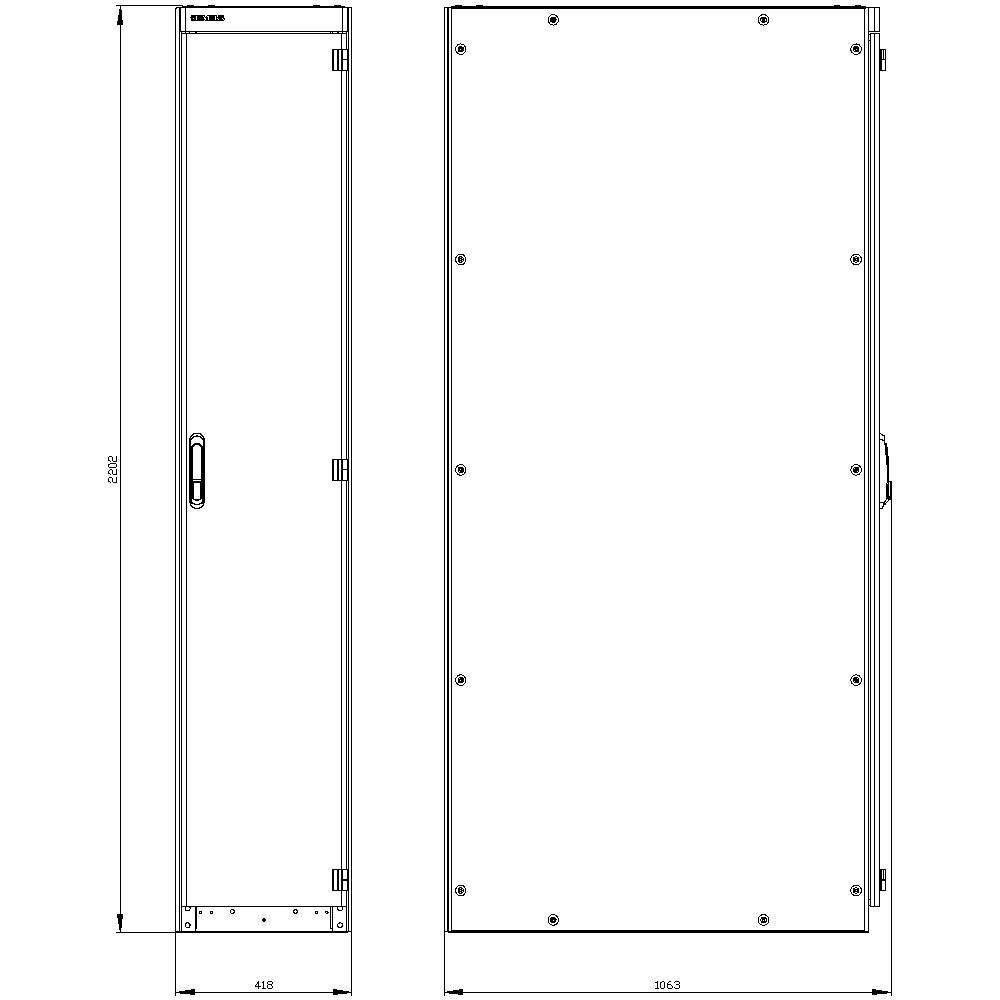 Technical drawing of a rectangular cabinet with dimensions: height 2000 mm, width 495 mm, depth 1053 mm. Two views: front and side elevation.