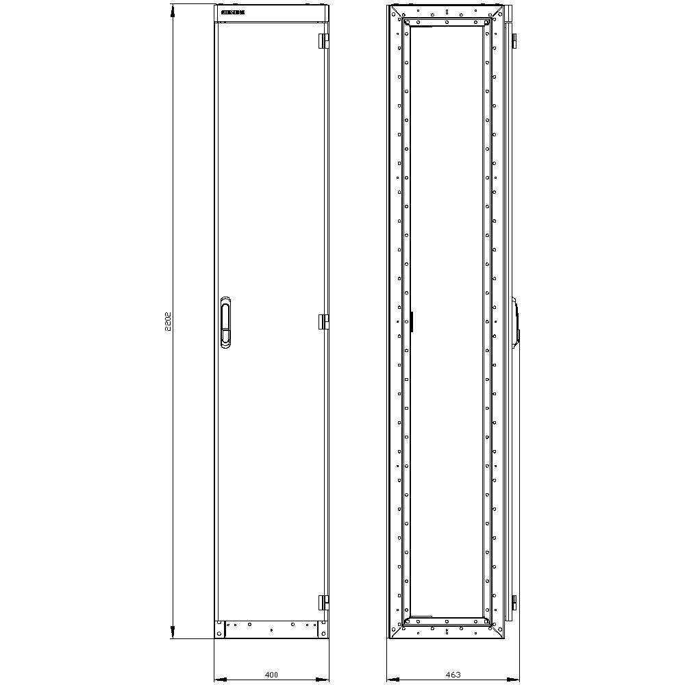 'Two views of a high-security metal cabinet with dimensions: height 2002 mm, width 463 mm (right) and 480 mm (left).'