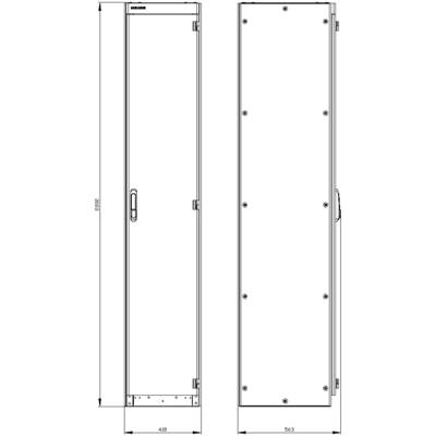 Technical drawing of a rectangular, vertical cabinet with door handle and hinges, dimensions: height 2202 mm, width 563 mm