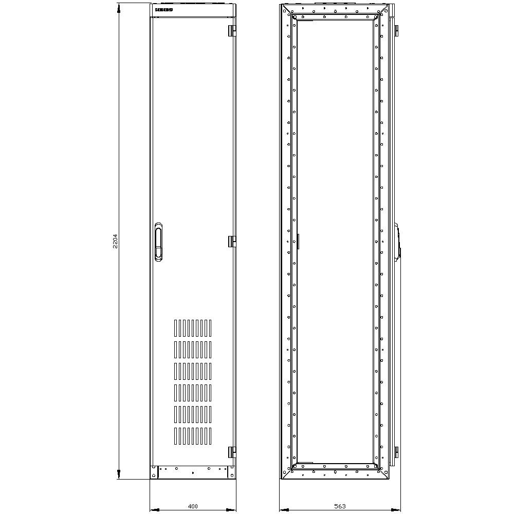 'Technical drawing of an electrical cabinet. Dimensions: Height 2034 mm, Width 400 mm, Depth 543 mm. Front and side view.'