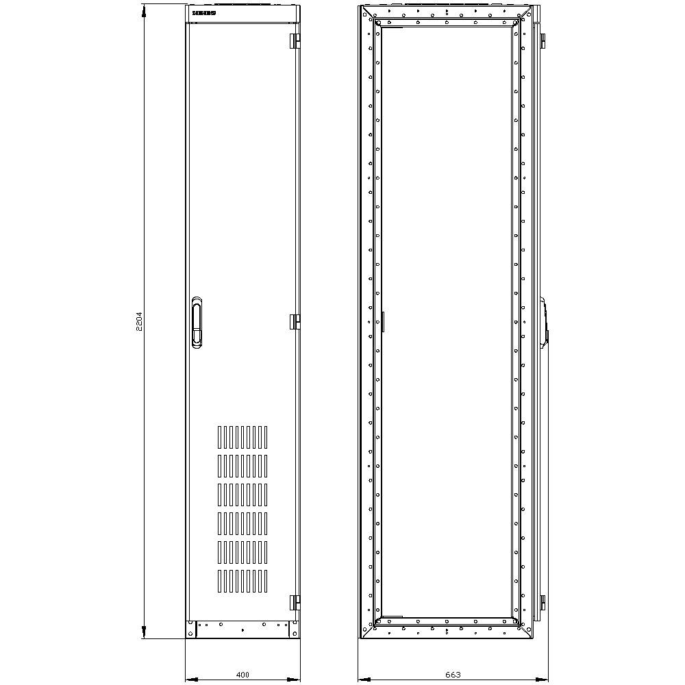 'Schematic drawing of a control cabinet from two perspectives. Dimensions: 2054 mm height, 400 mm and 643 mm width. Ventilation slots at the bottom.'