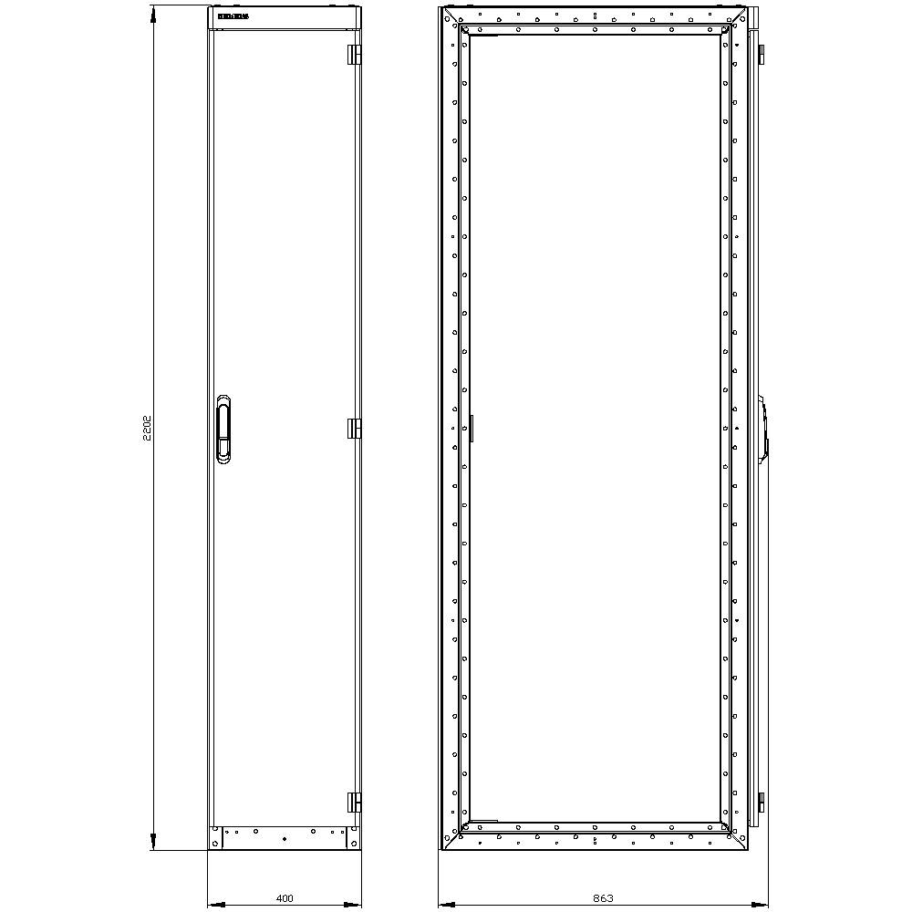 Black and white drawing of a rectangular cupboard with dimensions of 2000 mm height and 400 mm width. Front and side views.
