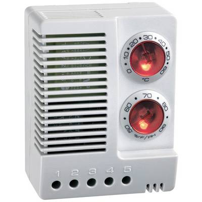 A thermostat with two red temperature and humidity displays. Scale ranging from 0 to 50 °C and 0 to 100% relative humidity.