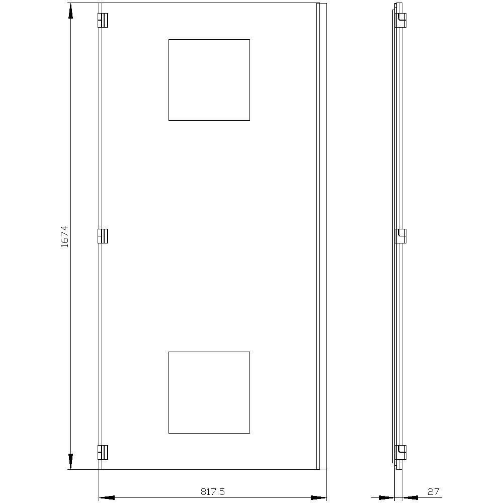 'Technical Drawing of a Door': This shows the front and side view with dimensions: Height 1574 mm, Width 817.5 mm, Depth 27 mm.