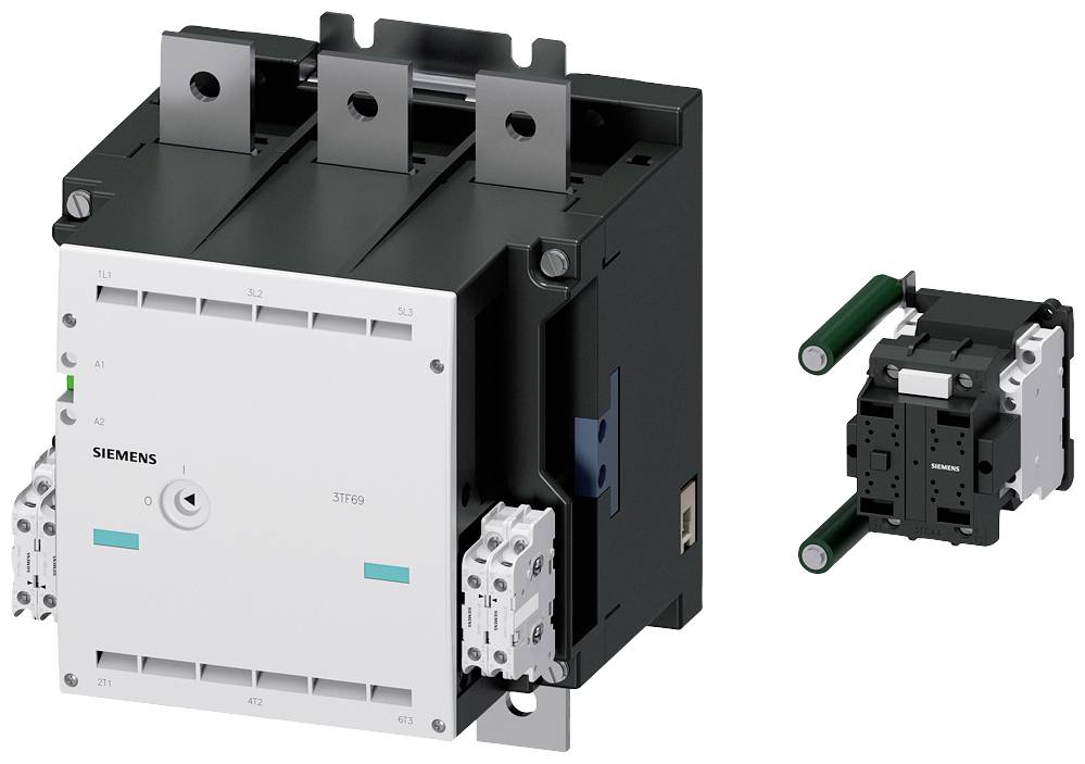 'Siemens Contactor' shows an electrical switching device with main contacts, suitable for industrial applications and controls.