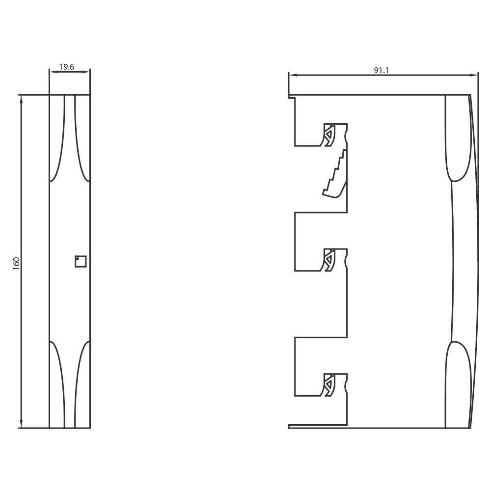 Technical drawing of a component with dimensions: 160mm x 19.6mm and 91.1mm width. Component shape with recesses and details on the right side.