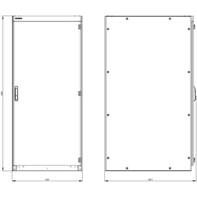 'Diagram of a rectangular cupboard with door handles and hinges, shown in two views: front and side elevation.'