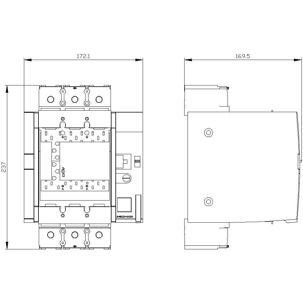 'Technical drawing of an electrical switchgear installation in two views, with dimensions and technical details.'