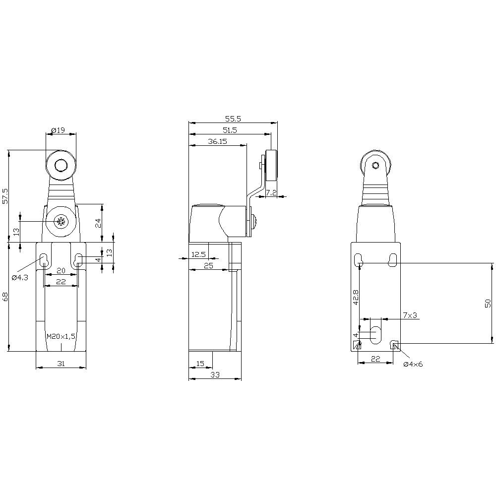 Technical drawing of a mechanical component with dimensions in millimetres. Contains front, side, and top views.
