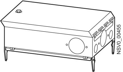 Line drawing of a rectangular box with legs and several round openings on the sides. A button is located on the top.
