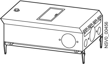 Line drawing of a rectangular metal box with an opening at the top and several connections on the side. Standing on feet, labelled 'NSV0_00456'.