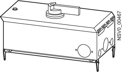 Technical line drawing of a rectangular device with three support legs, an upper lever handle, and multiple openings. Marked with 'NSV0_00467'.