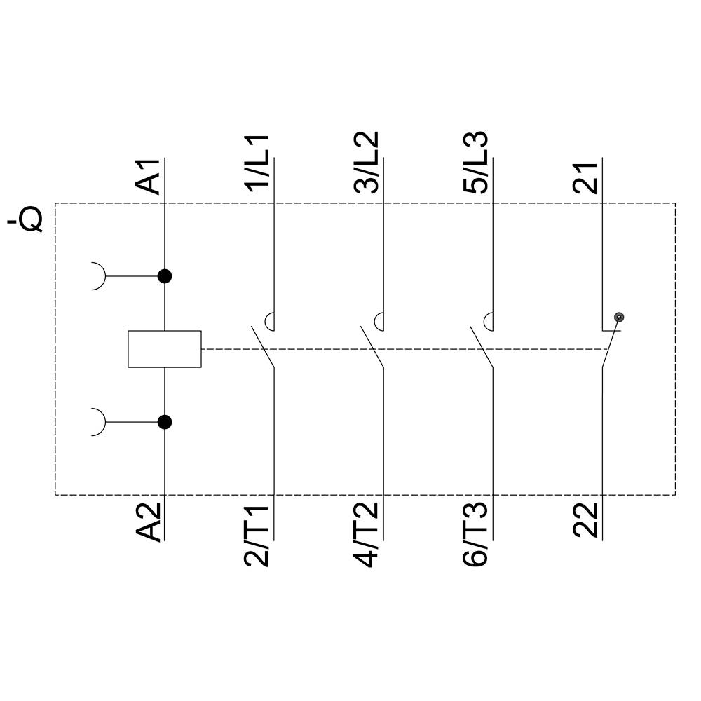 Circuit diagram with contactor: A1/A2 control coils, L1/L2/L3 supply lines, T1/T2/T3 outgoing terminals, shows current flow and switching states.