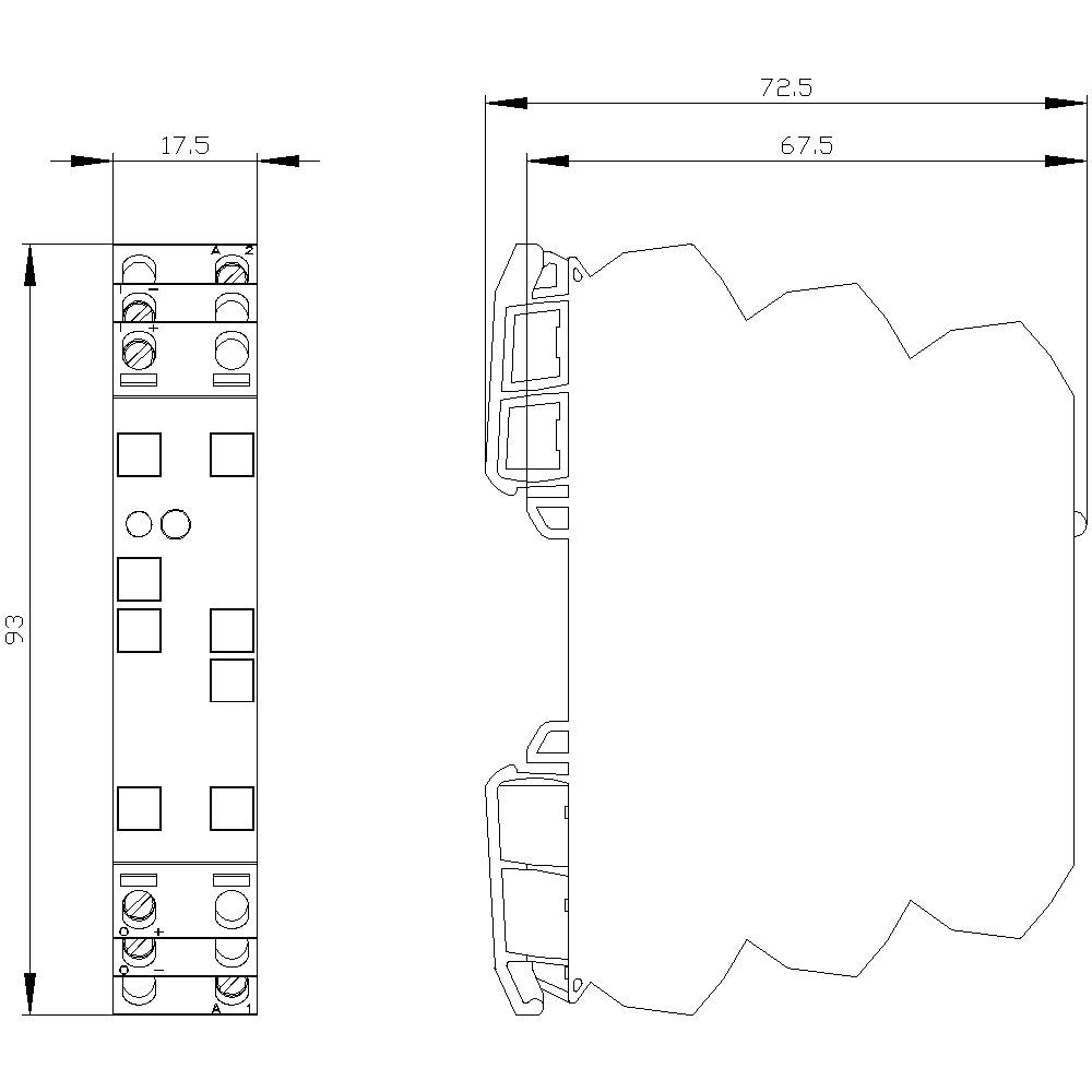 Technical drawing of an electrical component with front and side views. Dimensions are 93 mm height, 17.5 mm width, 72.5 mm depth.