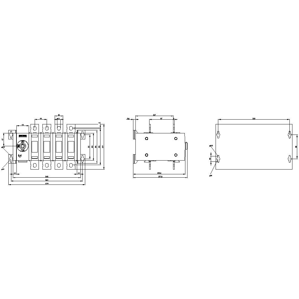 Technical drawing of an electrical switch with three views: front view, side view, and top view. Includes dimensional measurements.