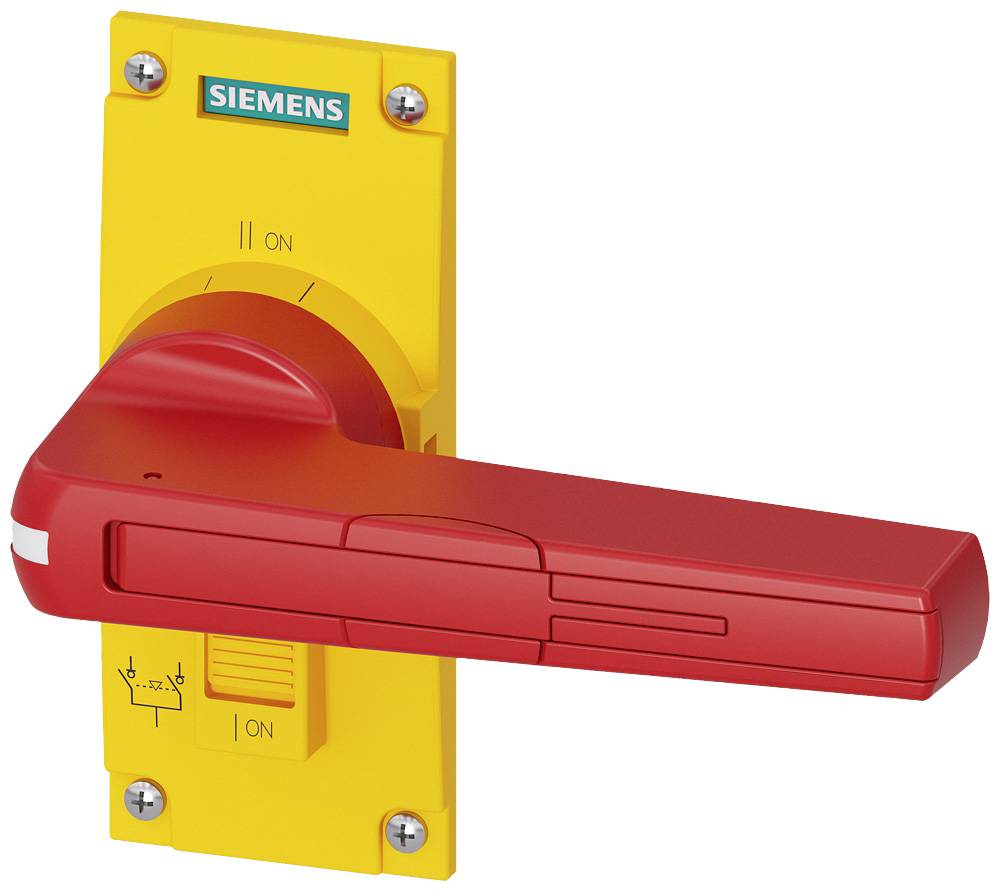 Yellow Siemens switch with a red lever in the 'On' position, suitable for safety devices or machine controls.