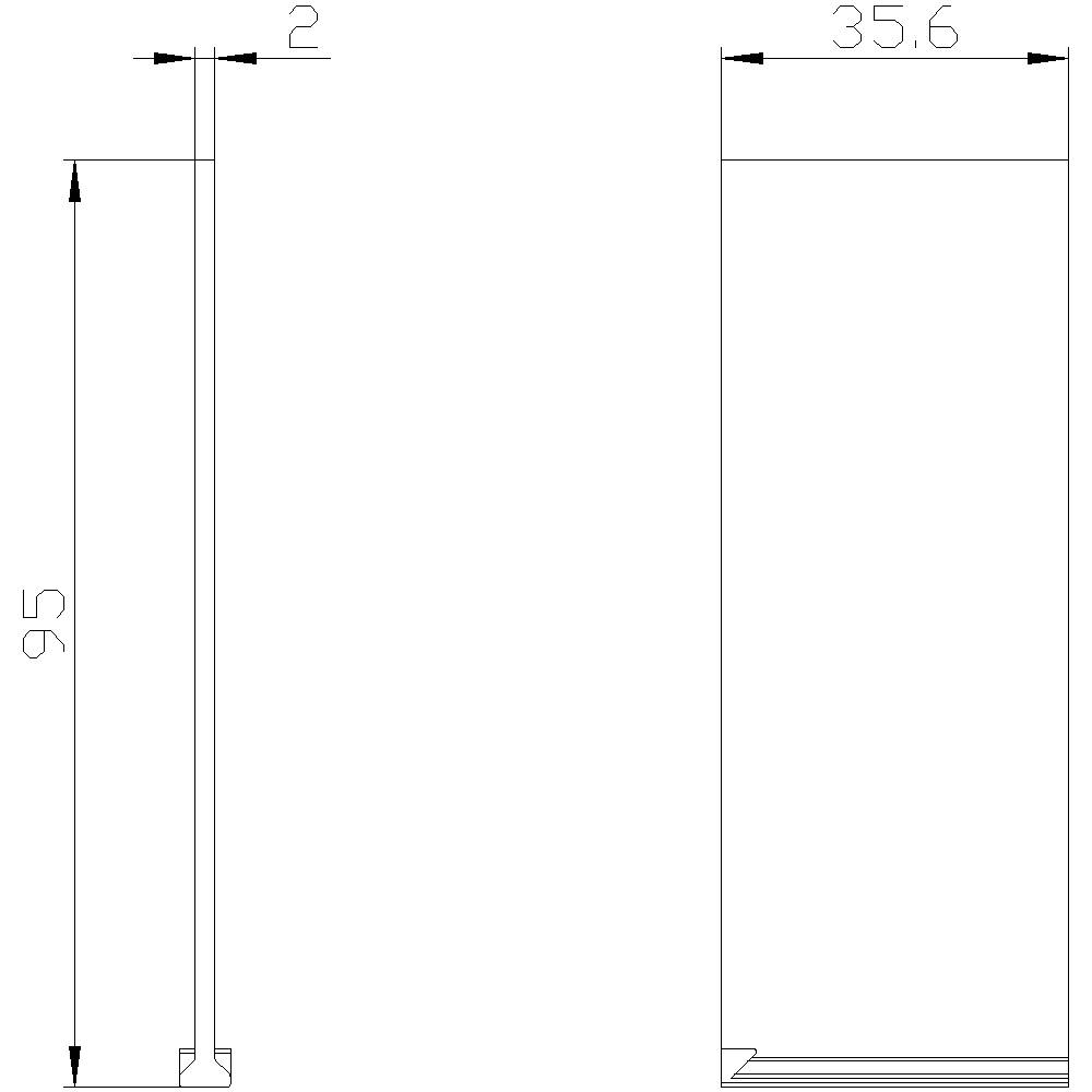 Technical drawing of a right-angled profile with dimensions: height 95 mm, width 35.6 mm and thickness 2 mm.
