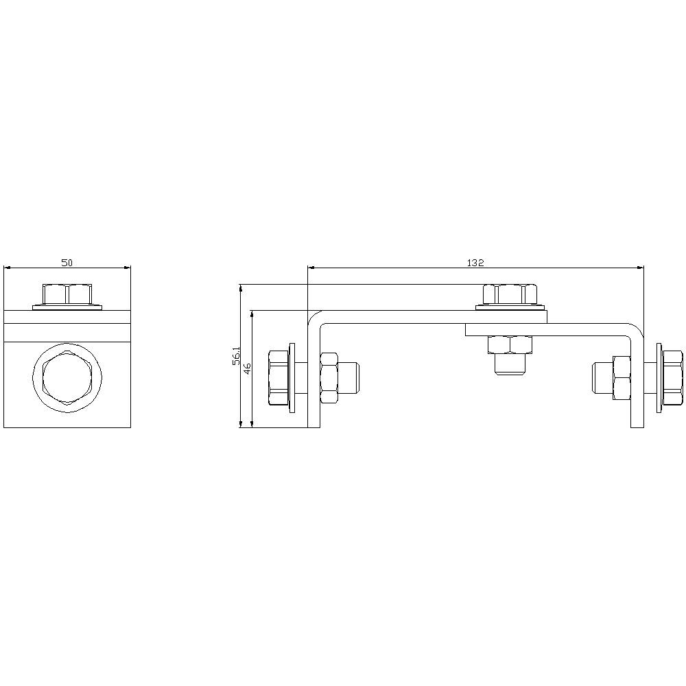 Technical drawing of a fitting with dimensions: 132 mm width, 50 mm height, details with bolts. Side and front view.