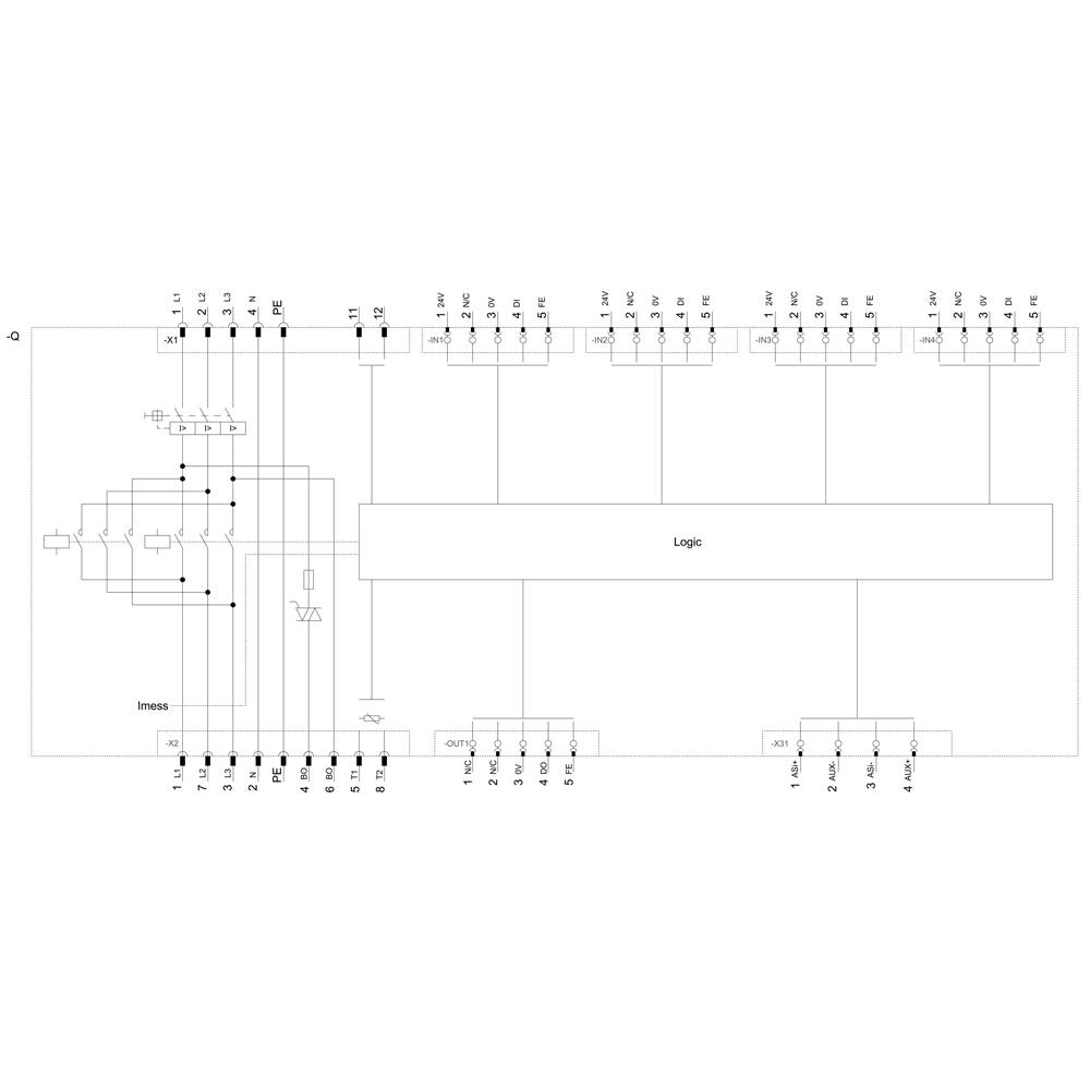 Circuit diagram with logical gate structures and connections, showing inputs on the left and outputs on the right. Contains logic block in the centre.