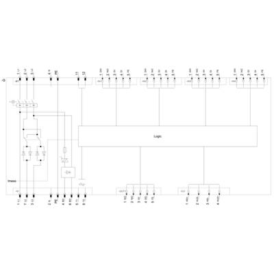 Circuit diagram of a digital logic circuit with multiple inputs and outputs, logical modules, and connection lines, showing signal flow.