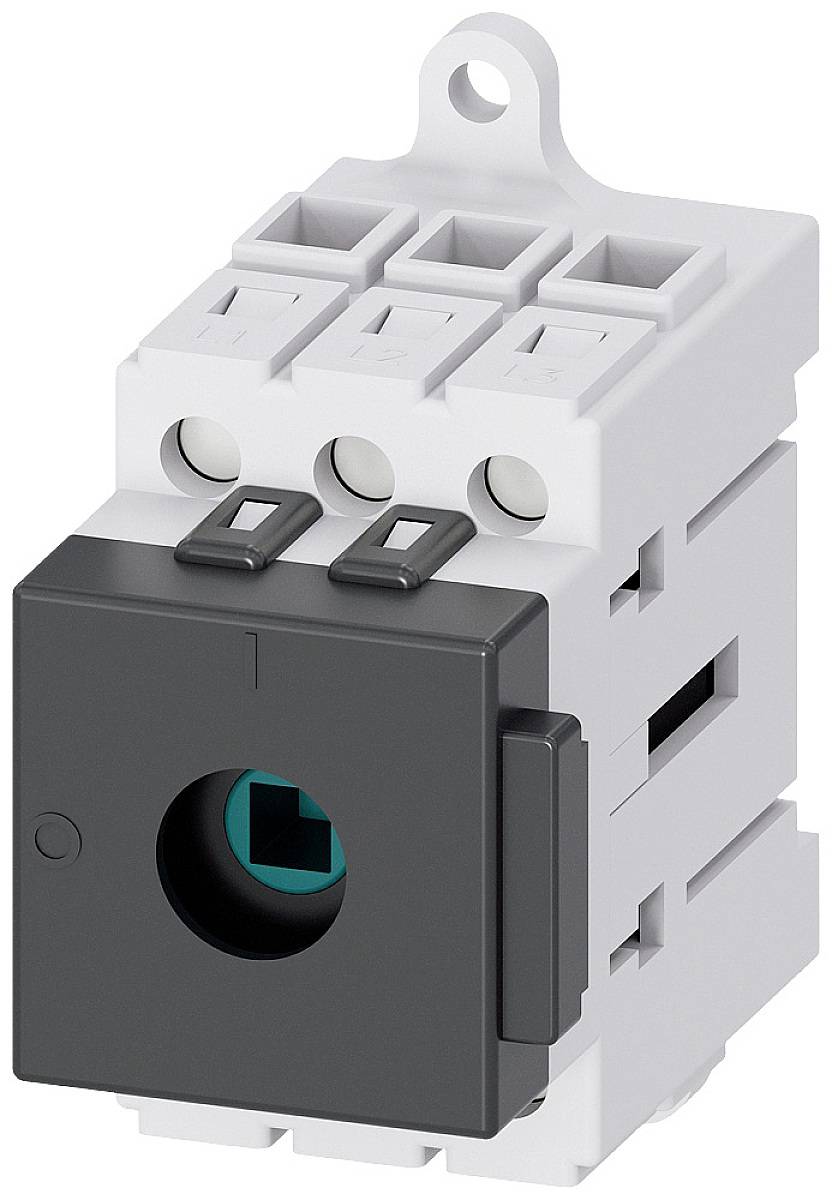 A switch with a rectangular black casing and green indicator, mounted on a white base with three cable connections at the top.