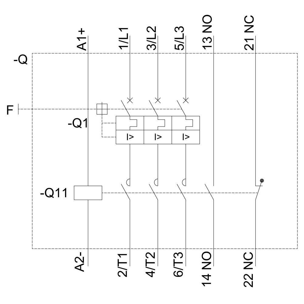 Circuit diagram of a three-phase motor with relay, labels 'Q1', 'Q11', 'A1+', 'A2-', 'T1', 'T2', 'T3', and connection lines.